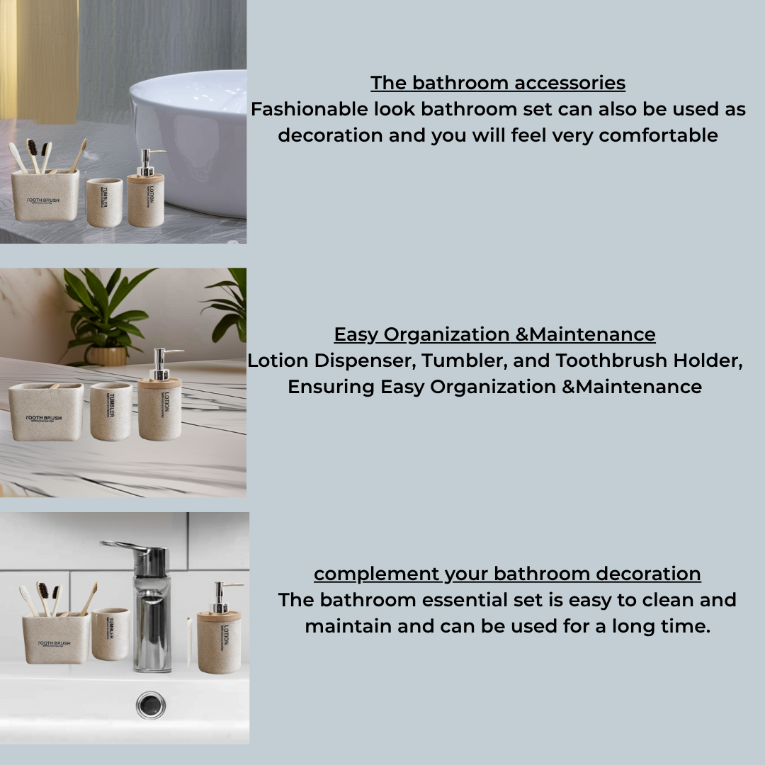 Bathroom accessories including a lotion dispenser, tumbler, and toothbrush holder with text on organization and maintenance.
