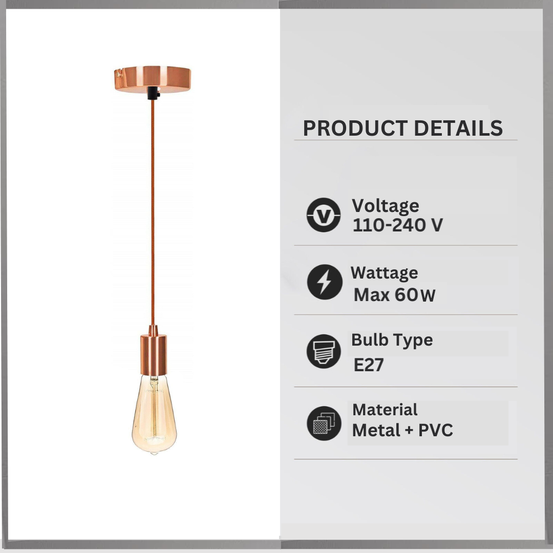 Pendant light with product details on a white background