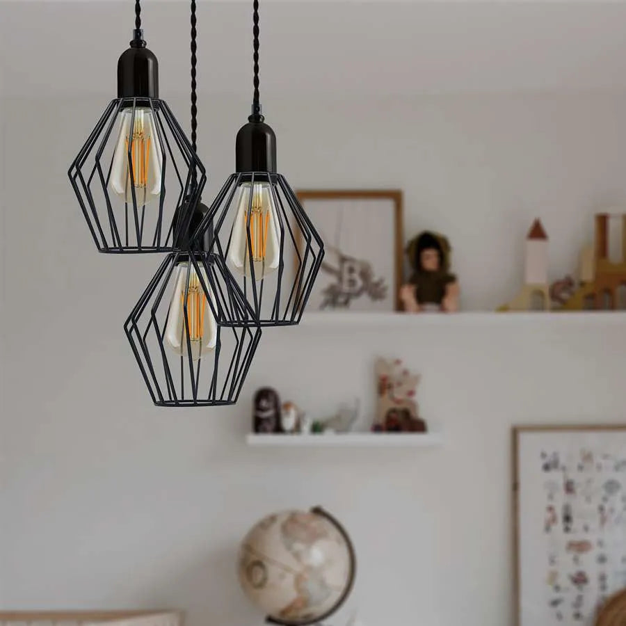 3-Light Cluster Pendant Light Black Cage Design