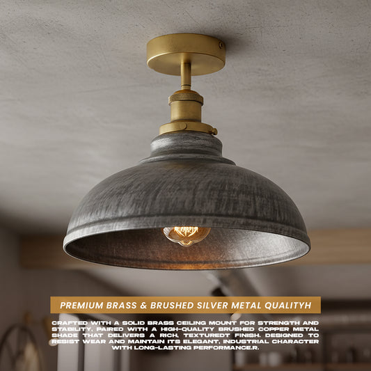 Industrial Semi-Flush Ceiling Light | Metal Dome Shade E27 Fixture ~6611