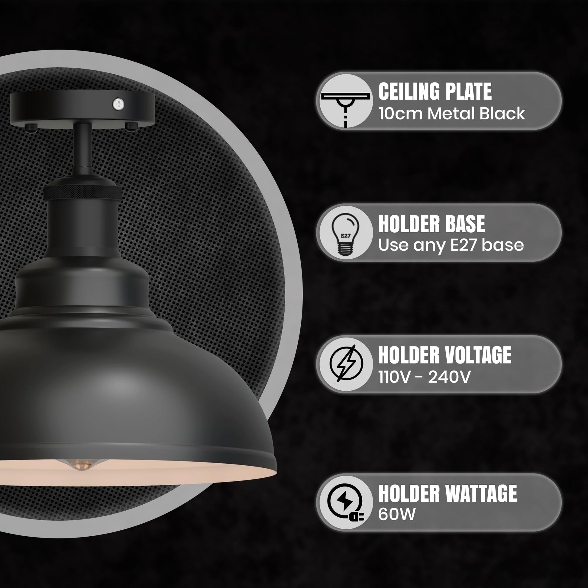 industrial with kitchen vintage black industrial ceiling light E27, modern dome flush mount fixture, retro semi-flush light 29 cm, vintage metal kitchen light, hardwired E27 ceiling fixture