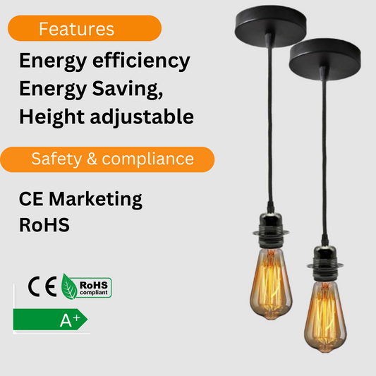 2 pack black pendant light PVC cable E27 holder black pendant cord ceiling light fixture double pendant light