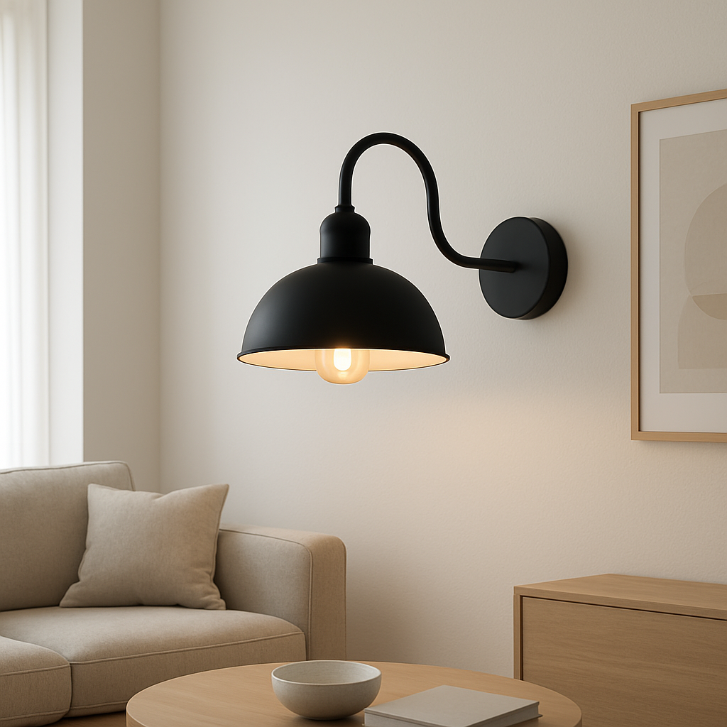 Black wall lamp on a beige wall above a sofa in a living room.