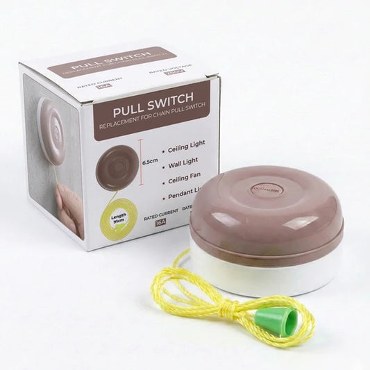 ceiling pull cord switch in its retail box with yellow cord and green pull