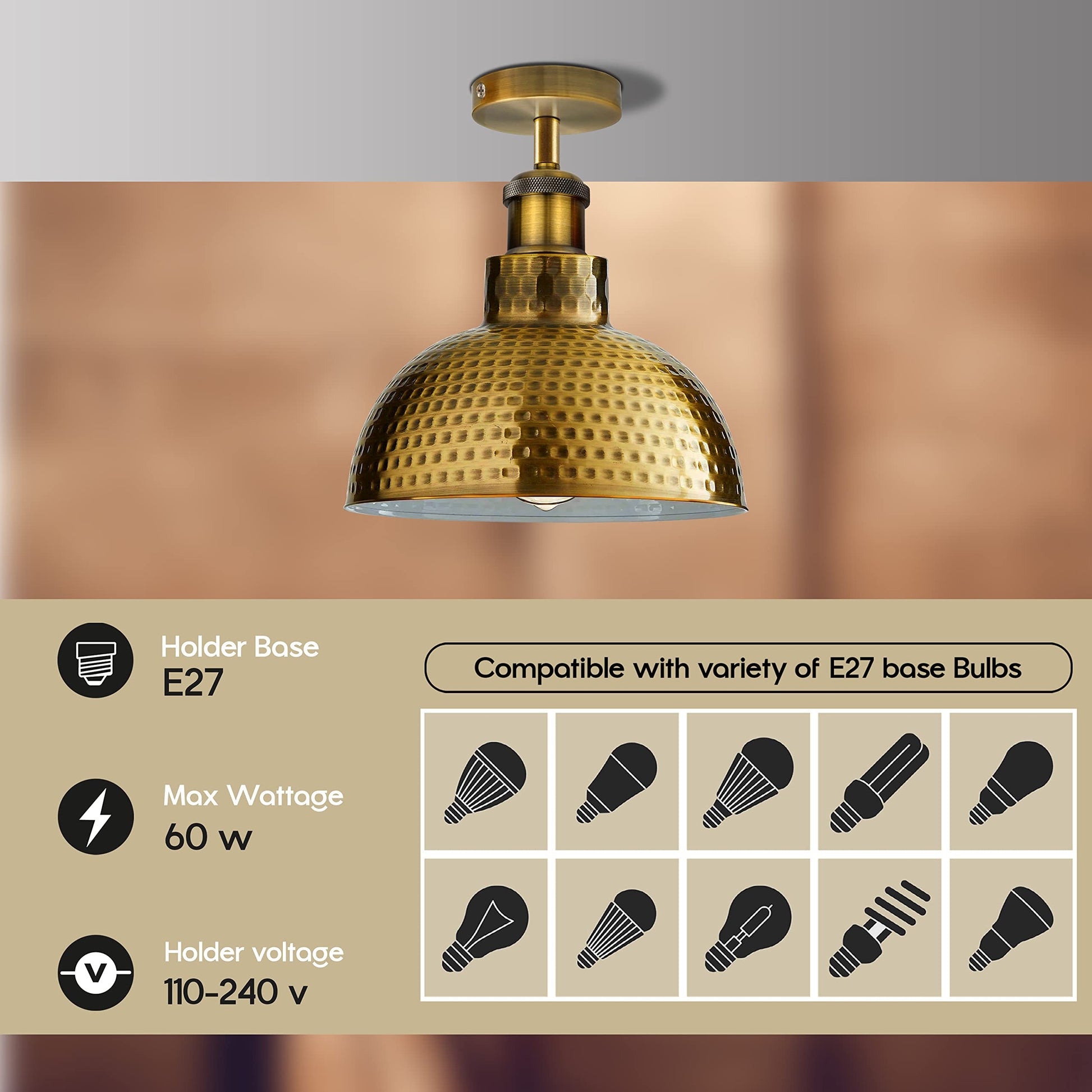 metal farmhouse fixture vintage Industrial semi-flush ceiling light, modern metal dome fixture, E27 vintage ceiling lamp, retro kitchen lighting, hardwired hallway light, close-to-ceiling fixture, 26 cm diameter ceiling light.