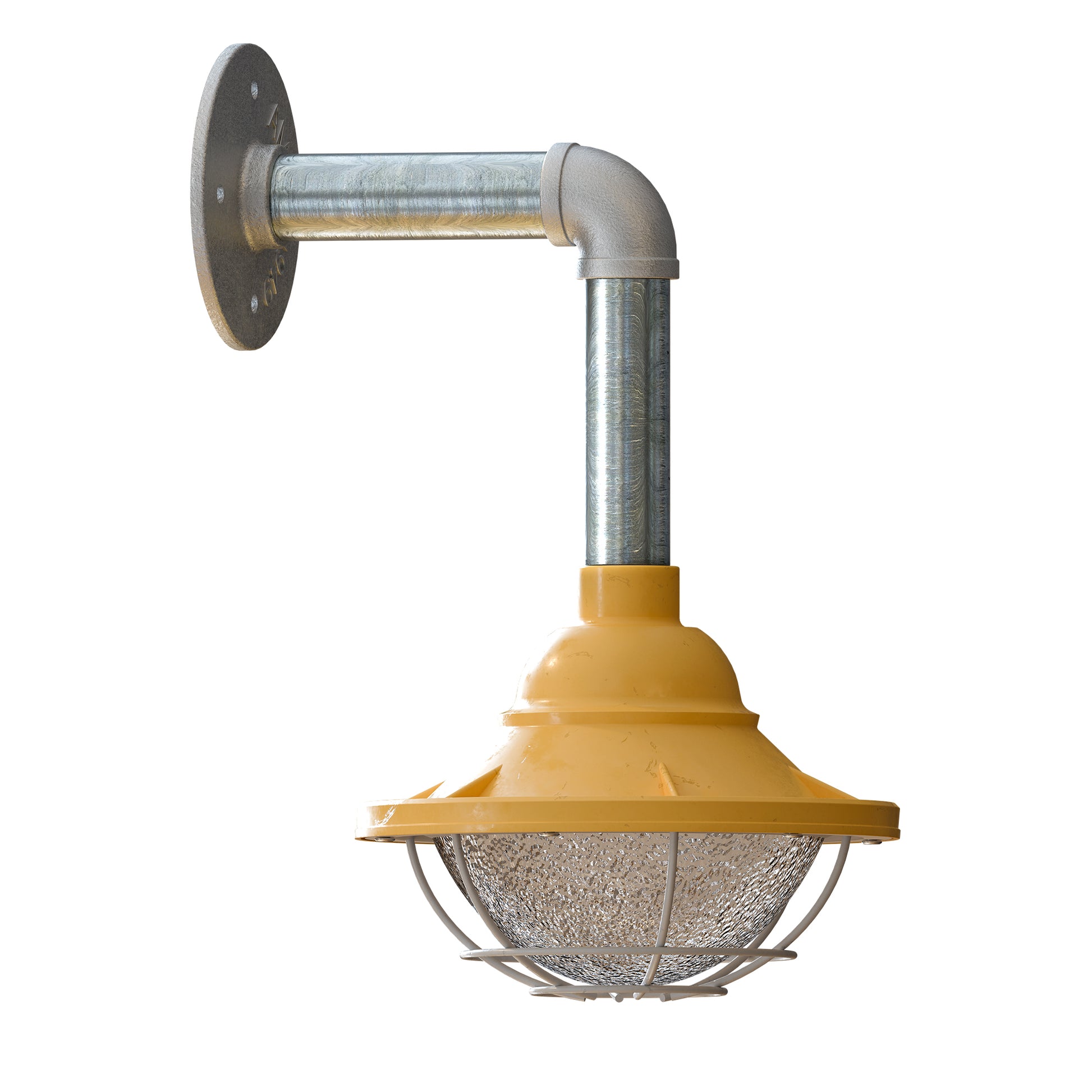 industrial style wall mounted conduit pipe light with cage shade.