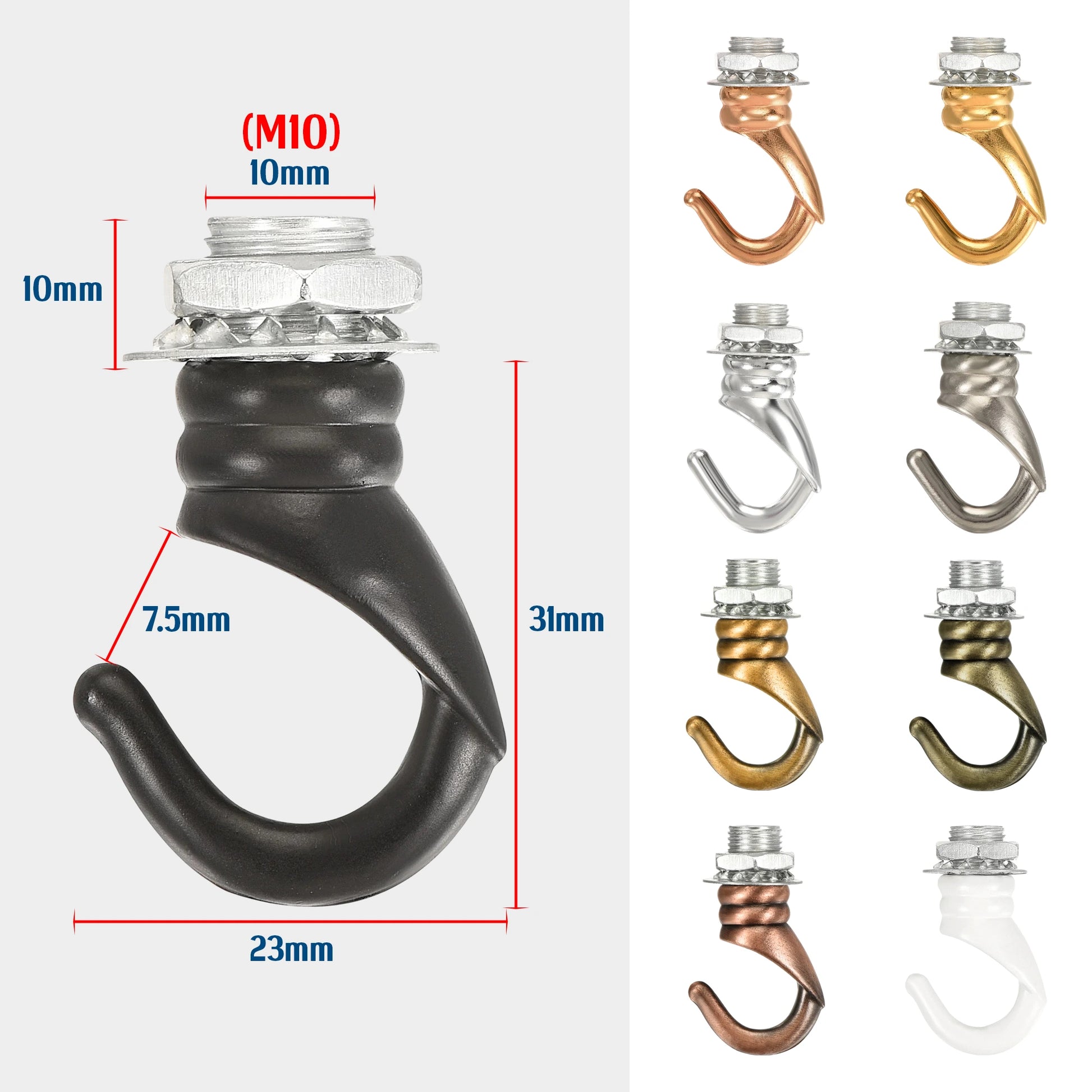 Metallic hooks with measurements and color options on a white background
