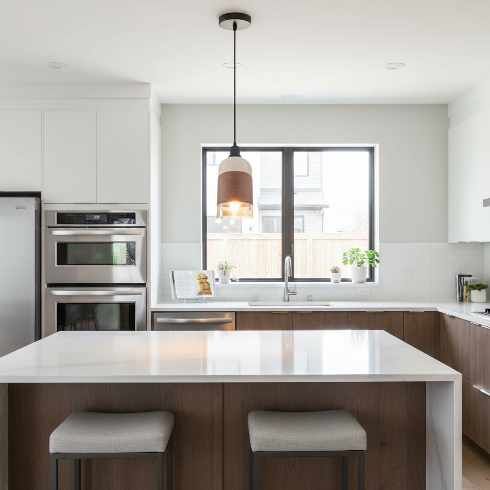 Industrial pendant light in modern kitchen