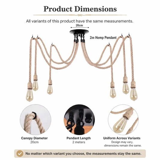 Industrial Rope Pendant Light -Adjustable Vintage Spider Chandelier ~6385