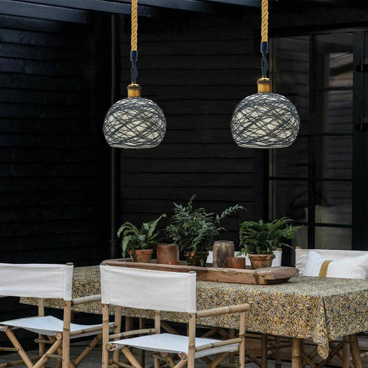 Industriële vintage touw rotan geweven hanglamp koepel hanglamp ~ 1959