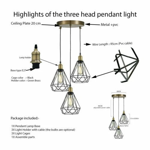 three-head pendant light with labeled parts and specifications