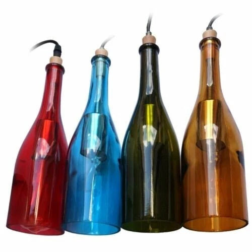 Four colorful wine bottles