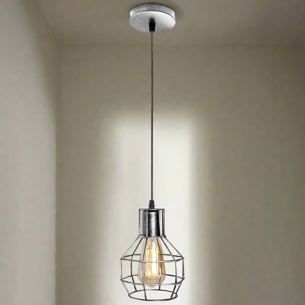 Black industrial wire cage pendant light