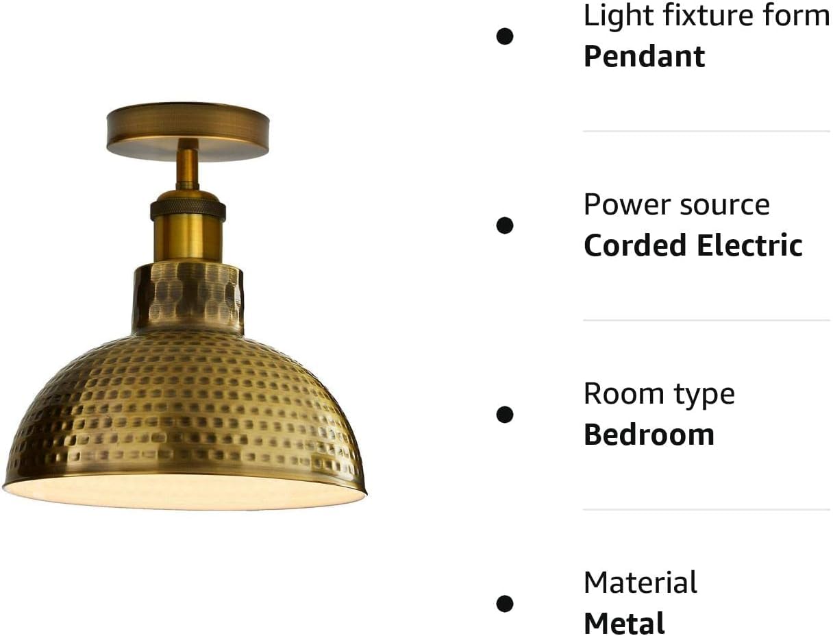 metal farmhouse fixture vintage yellow brass dome ceiling light, E27 retro flush mount 26 cm, antique brass industrial lighting, metal semi-flush ceiling fixture