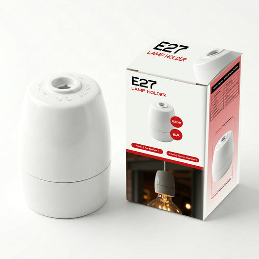 White lamp holder with packaging displaying 'E27 Lamp Holder' branding on a white background.