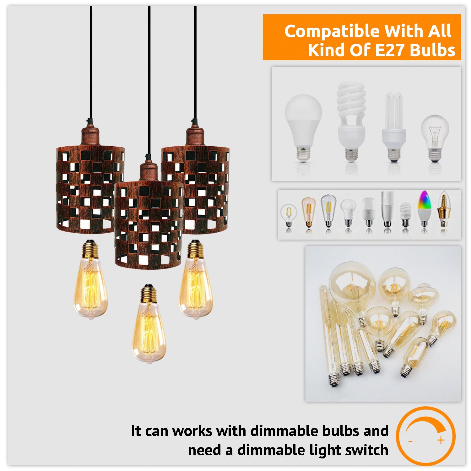 Industrial Retro pendant light 3 way Round ceiling base brushed finished Metal Ceiling Lamp Shade Pendant E27 lamp base for Home Living room Office Kitchen Restaurant