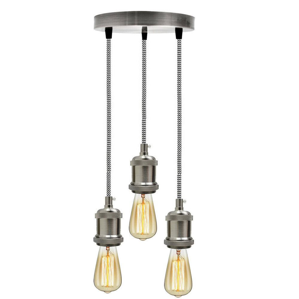 Satin Nickel 3 Head Pendant Braided Fabric Flex Lamp Holder Fitting~1622 - LEDSone UK Ltd