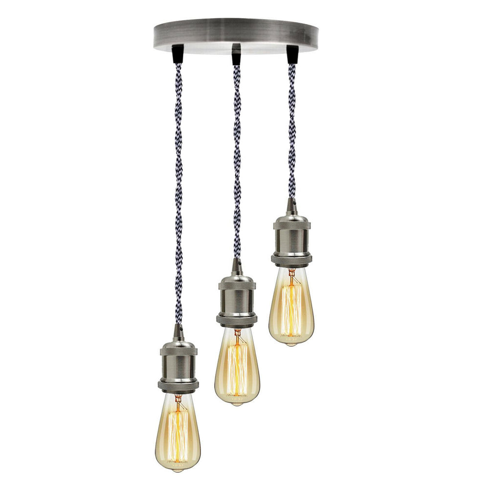Satin Nickel 3 Head Pendant Braided Fabric Flex Lamp Holder Fitting~1622 - LEDSone UK Ltd