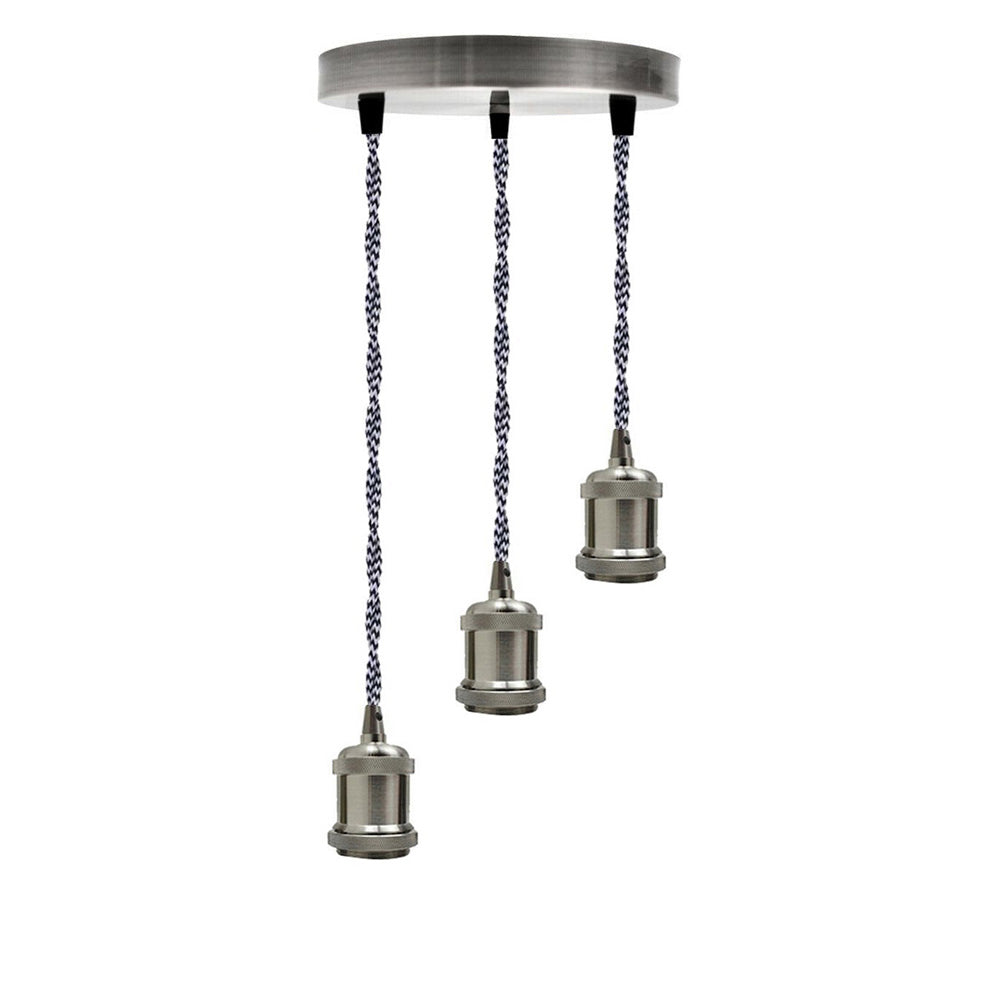 Satin Nickel 3 Head Pendant Braided Fabric Flex Lamp Holder Fitting~1622 - LEDSone UK Ltd