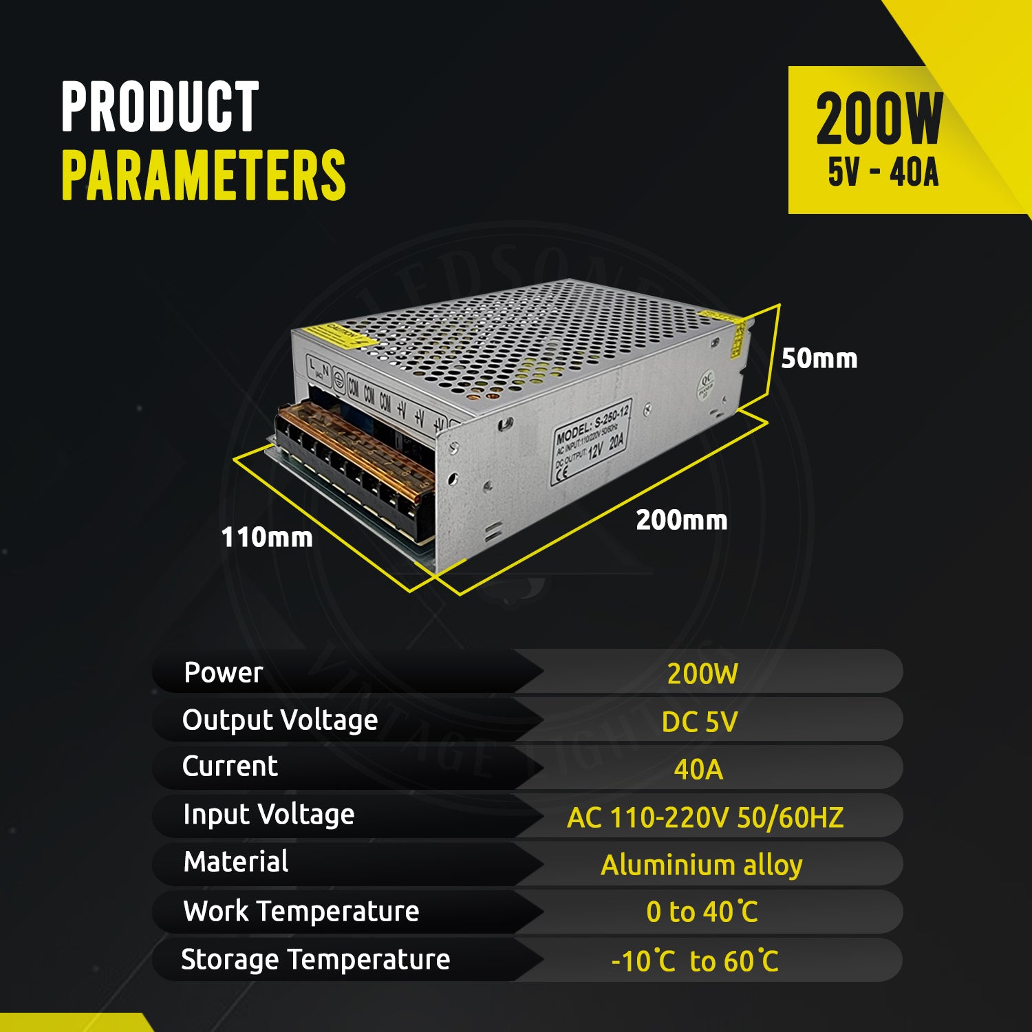 DC 5V 200w IP20 40 Amp - Product Parameters