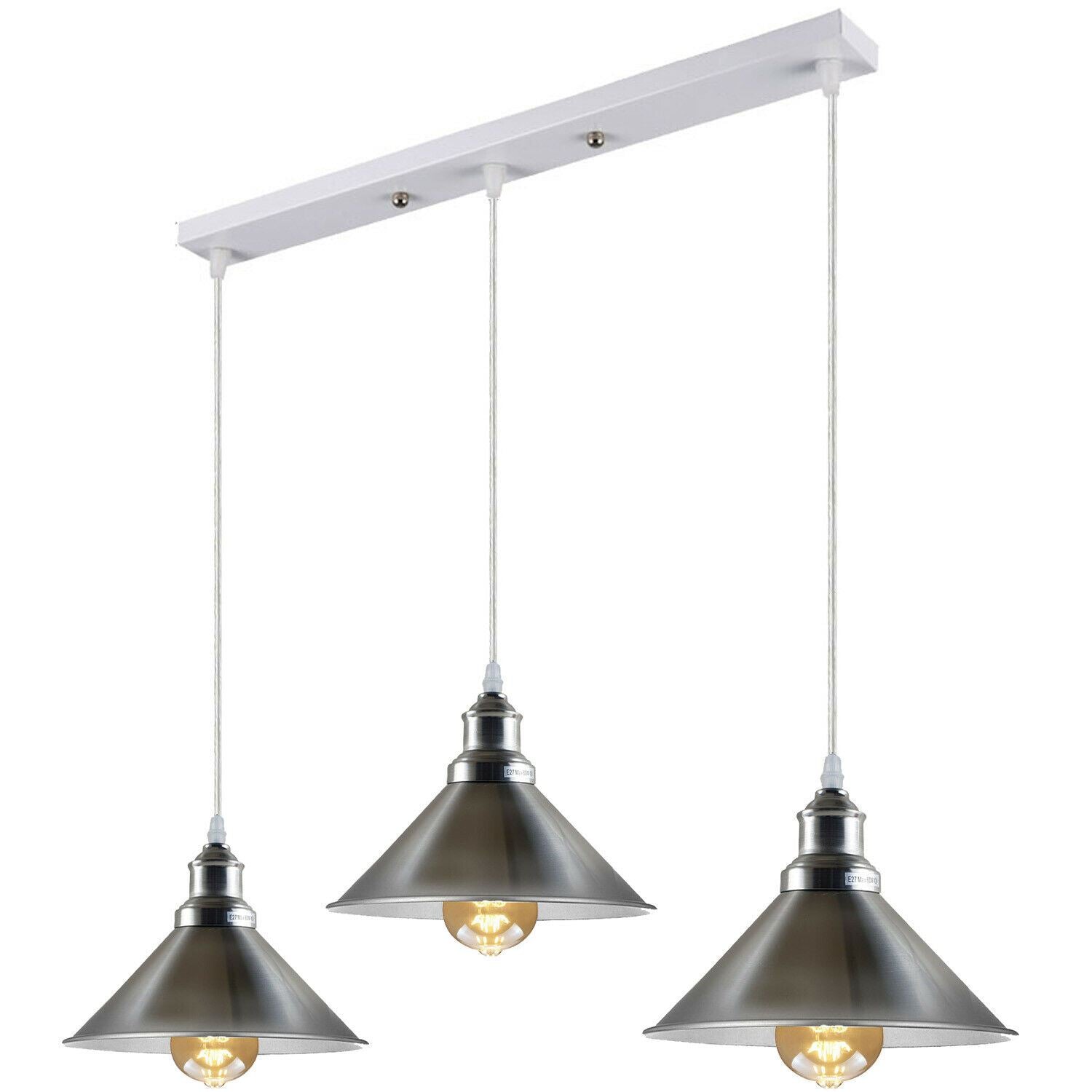 Modern Industrial Satin Nickel Indoor Hanging 3 Way Ceiling Pendant Light Metal Cone Shape Shade For Bar, Bedroom, Dining Room~1178 - LEDSone UK Ltd