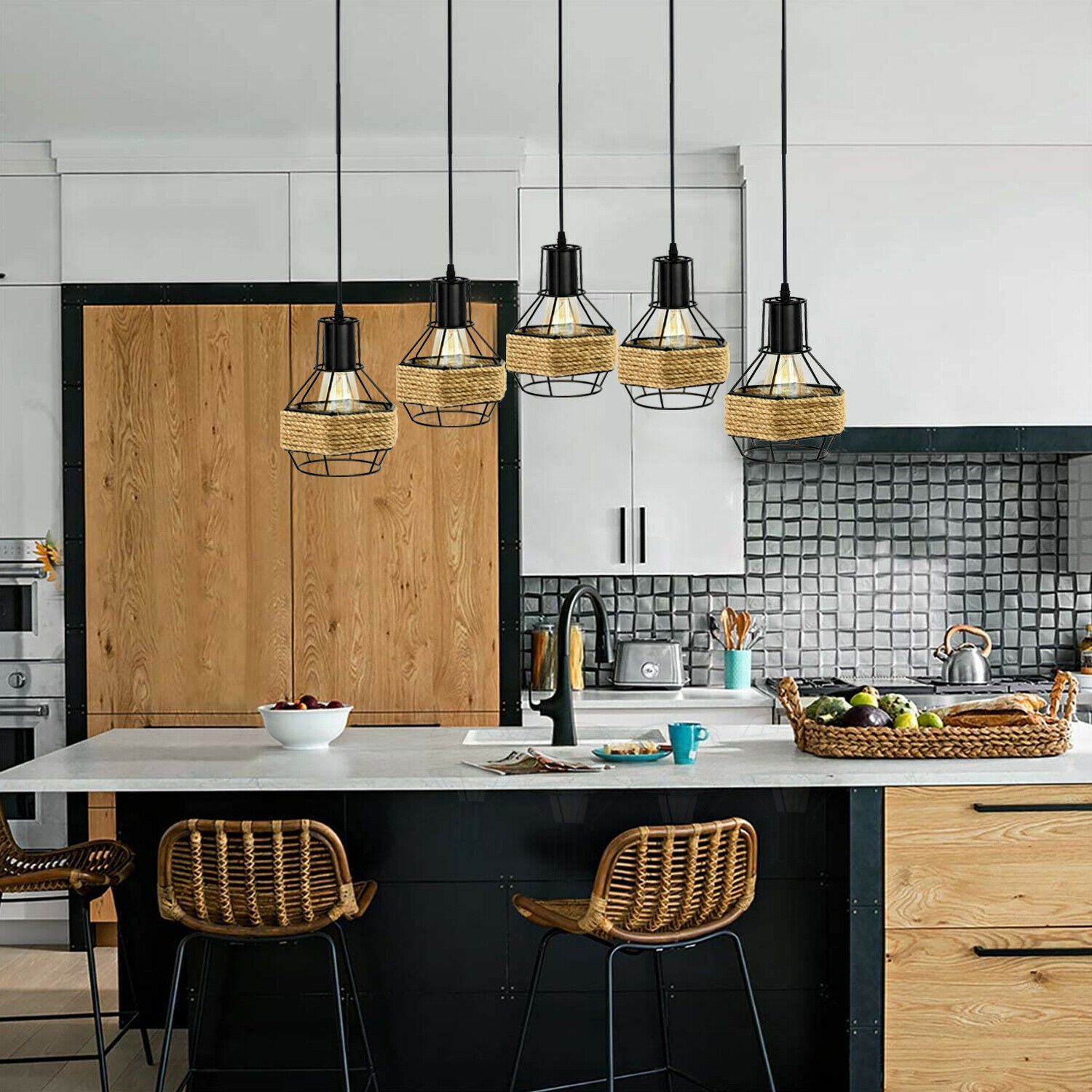 Industrial Hemp Rope Chandelier 5 Head Metal