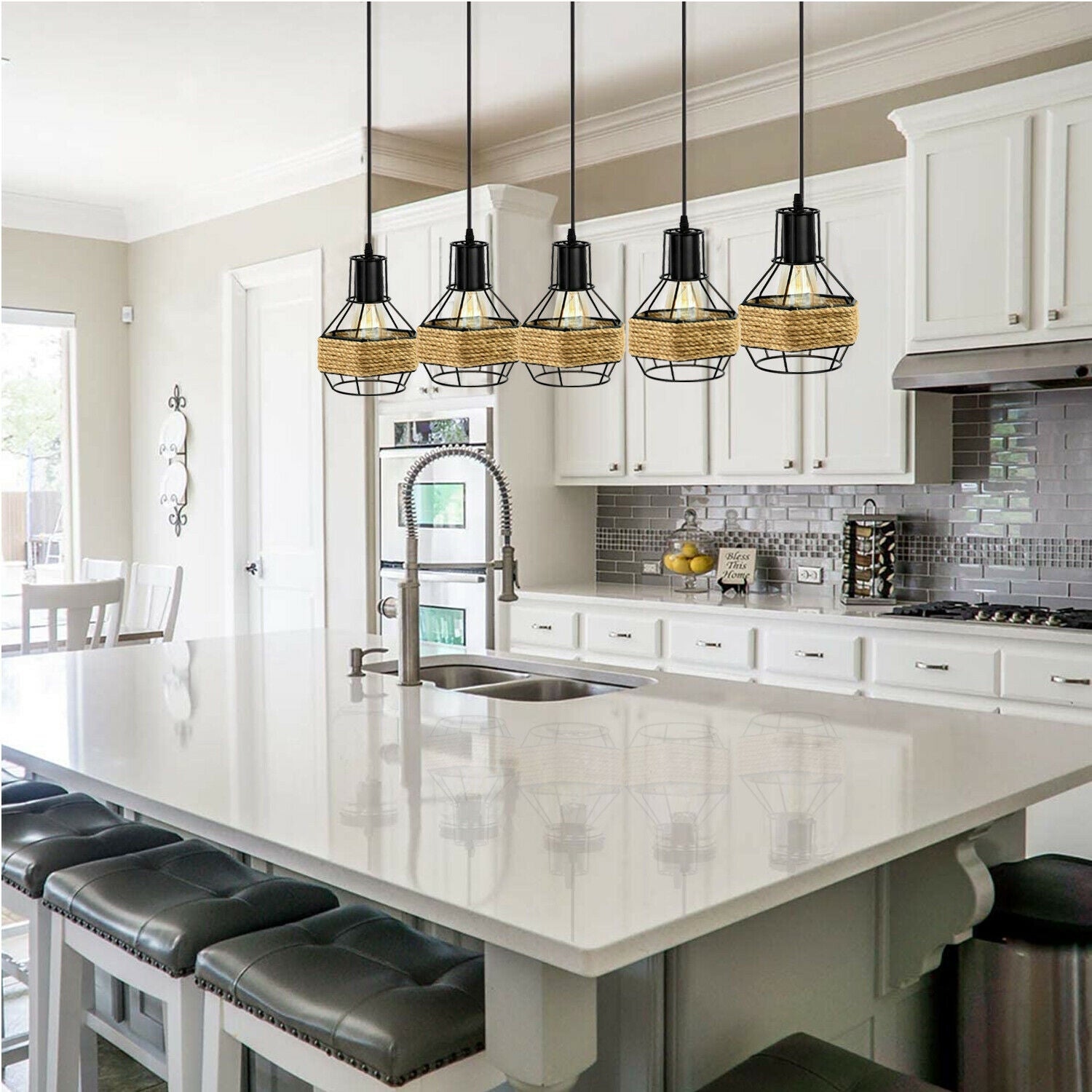 Industrial Hemp Rope Chandelier 5 Head Metal Ceiling Pendant Light