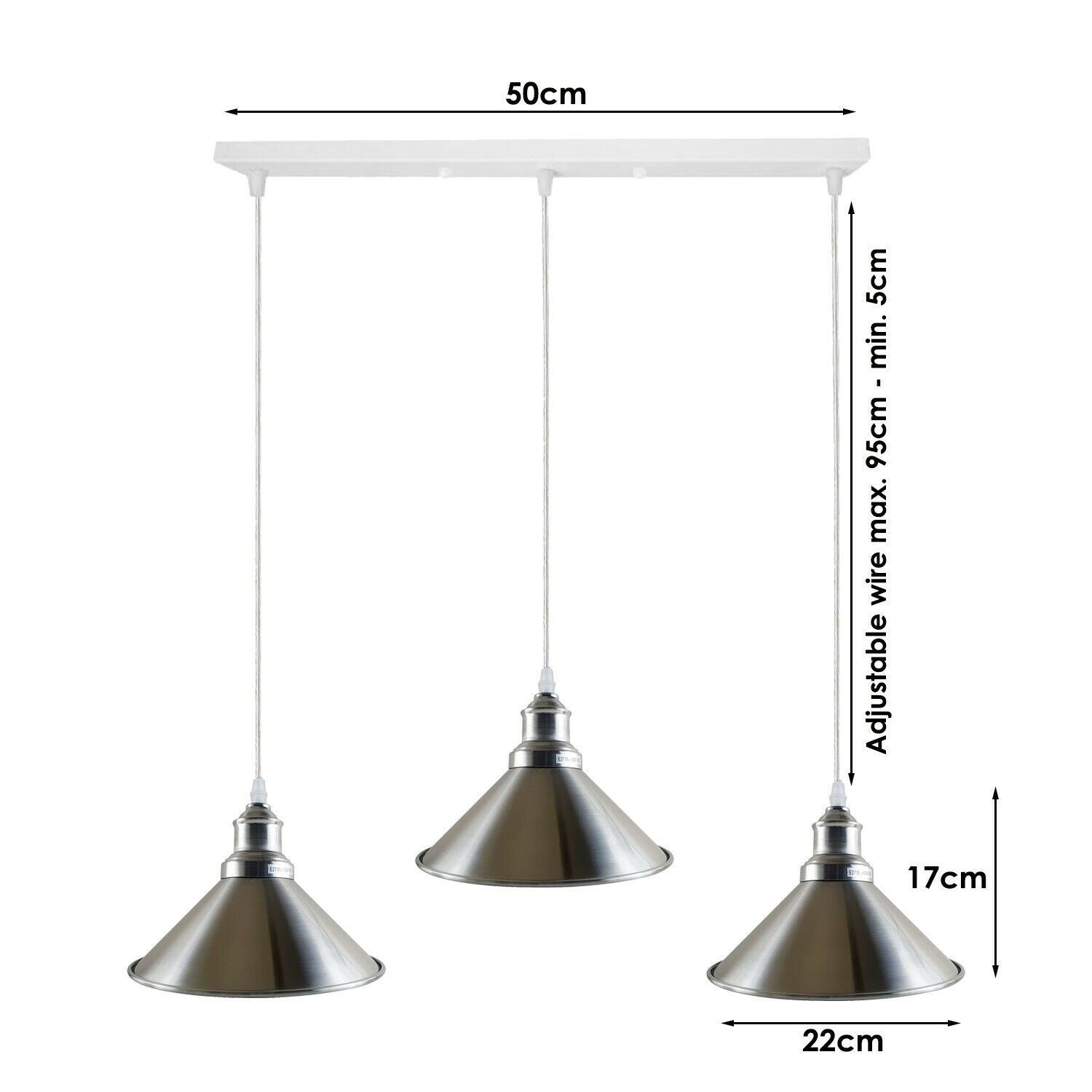 Modern Industrial Satin Nickel Indoor Hanging 3 Way Ceiling Pendant Light Metal Cone Shape Shade For Bar, Bedroom, Dining Room~1178 - LEDSone UK Ltd