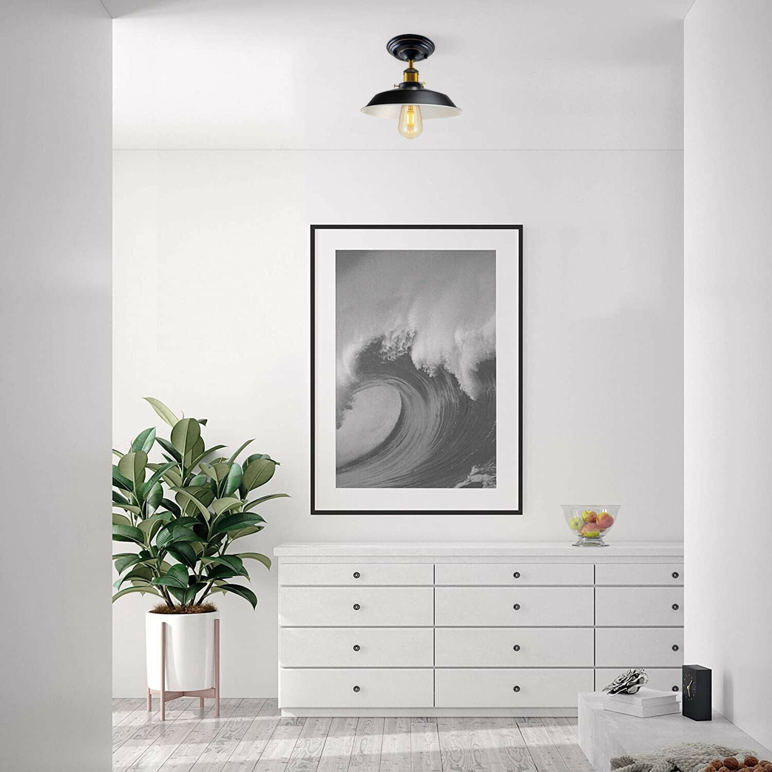 Industrial Vintage Flush Mount Ceiling Light Black Metal Bowl Lampshade Fixture Indoor Lighting