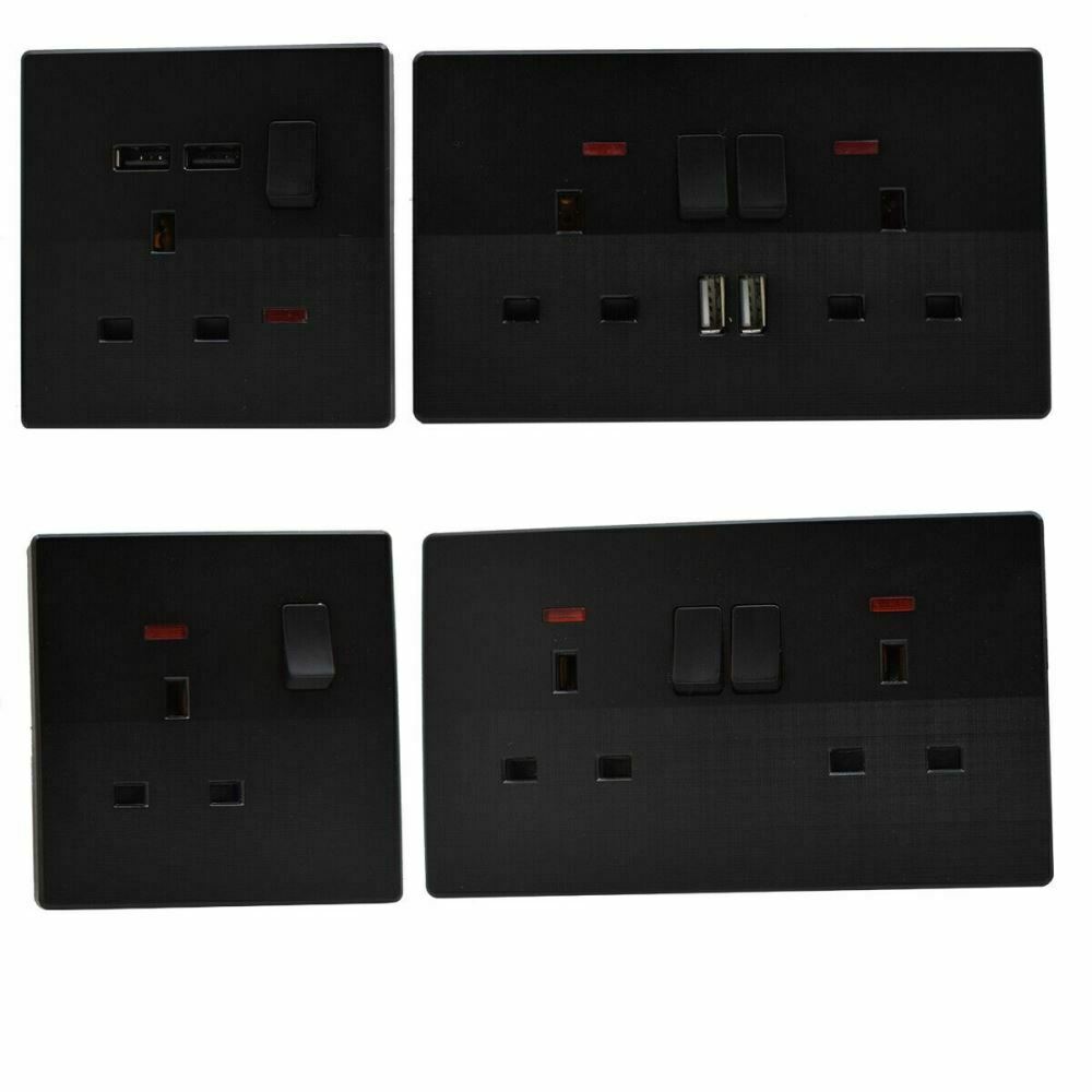 Screwless Modern black double socket 13A