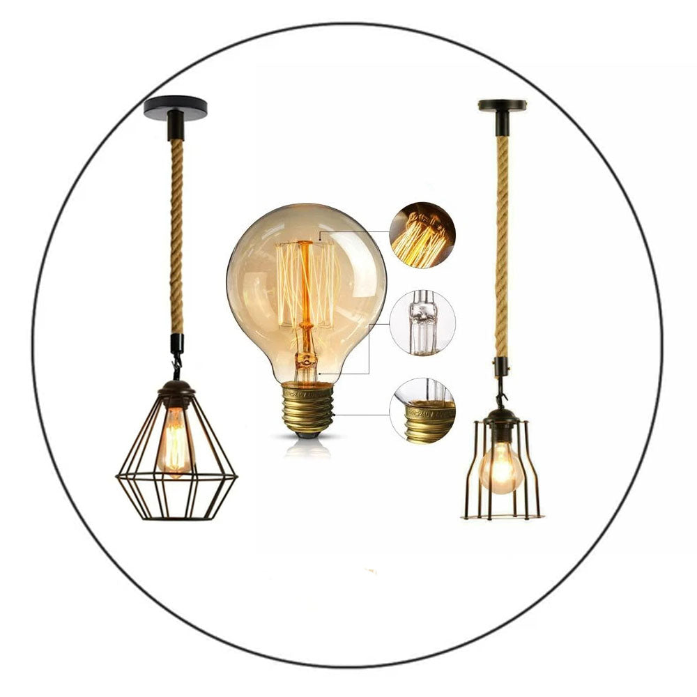 Vintgae E27 Industrial Pendant Retro Cage Edison Hemp Rope Ceiling Light Fixture~2026 - LEDSone UK Ltd