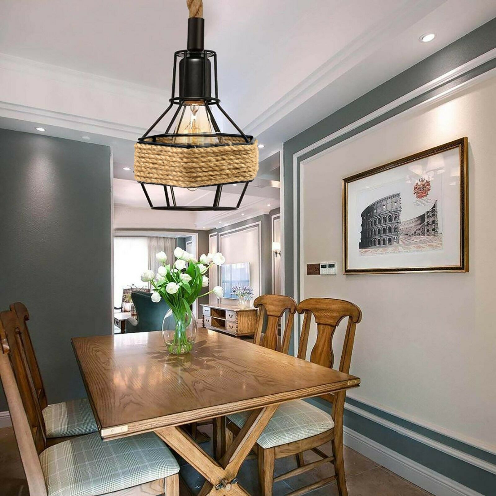 Vintage Pendant Shade Modern Hanging Retro Lighting Industrial Metal Hemp Ceiling~2708 - LEDSone UK Ltd