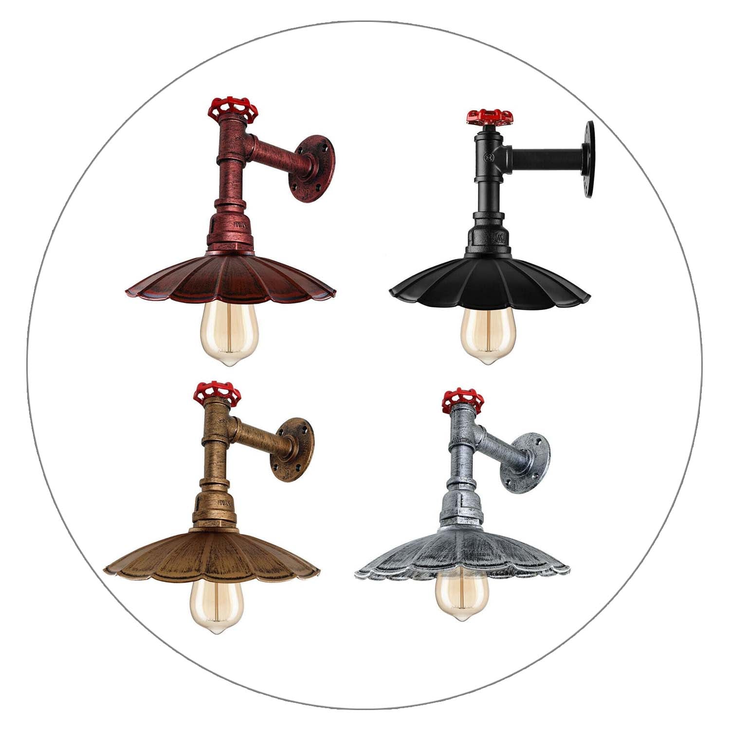 Vintage Retro Industrial Wall Pipe Light Fittings Indoor Sconce Metal Lamp Umbrella Shape Shade for Basement, Bedroom, Home Office, Study room~1250 - LEDSone UK Ltd