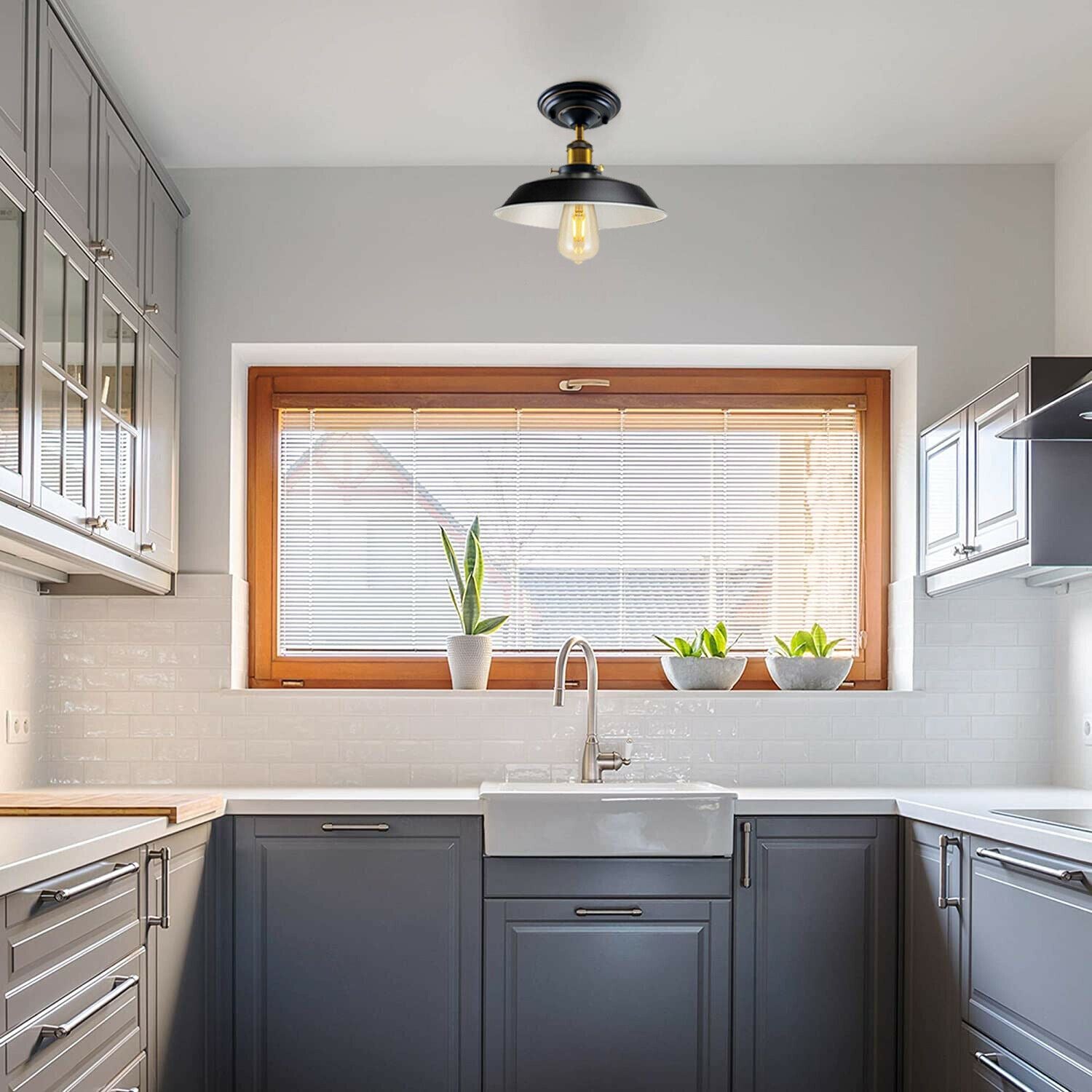 Industrial Vintage Flush Mount Ceiling Light Black Metal Bowl Lampshade Fixture Indoor Lighting