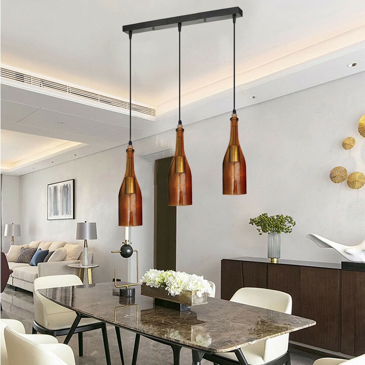 Industrial Ceiling Pendant Light 3Wine Bottle Cluster Glass Lampshade~1345 - LEDSone UK Ltd