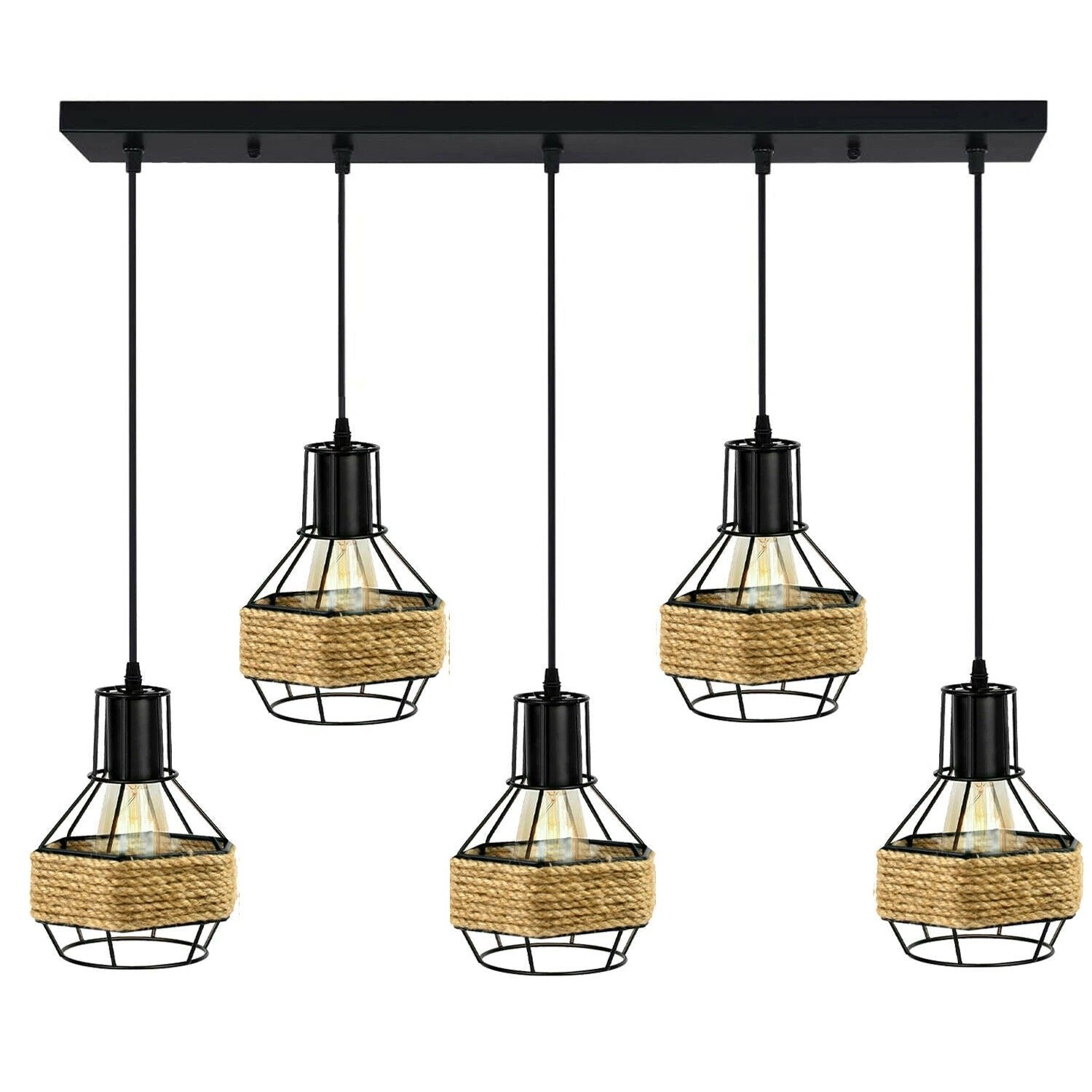 Industrial Hemp Rope Chandelier 5 Head Metal Ceiling Pendant Light