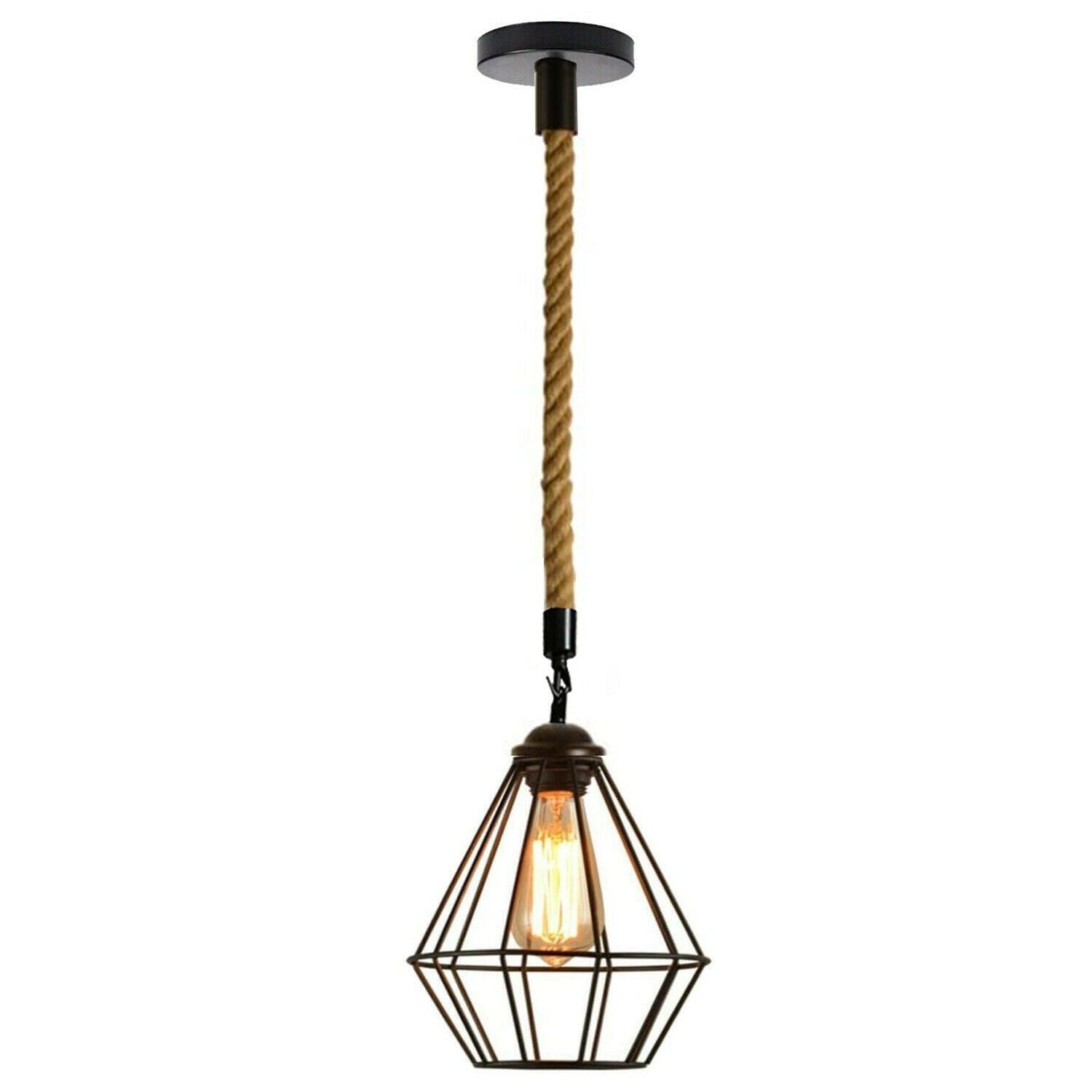 Vintgae E27 Industrial Pendant Retro Cage Edison Hemp Rope Ceiling Light Fixture~2026 - LEDSone UK Ltd