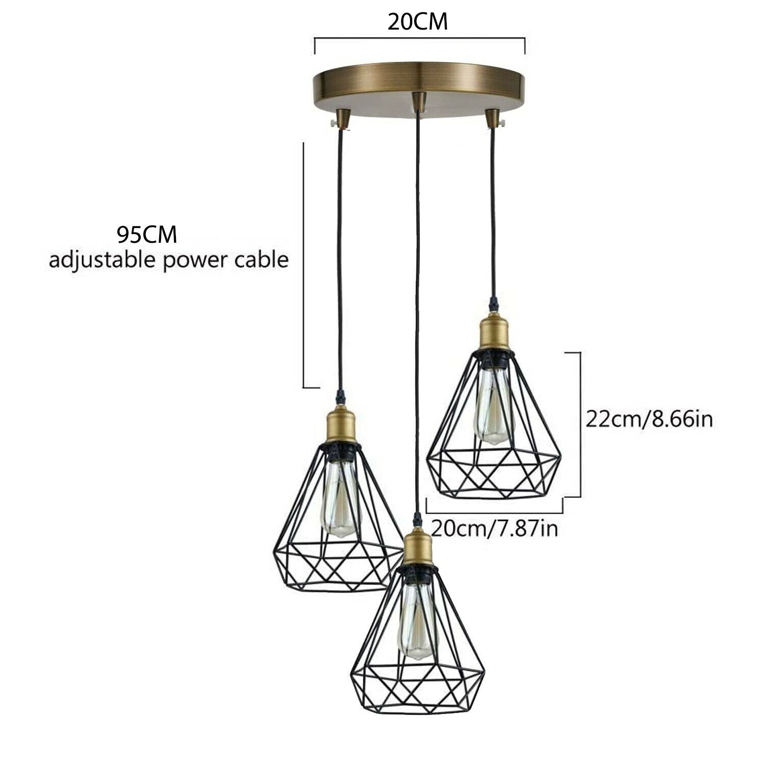 three-head pendant light with labeled parts and specifications