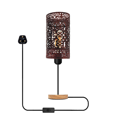 Antieke messing tafellamp met houten voet + aan/uit-schakelaar ~5352