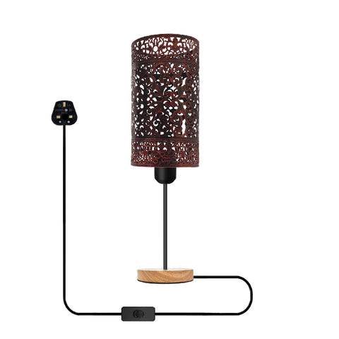 Antieke messing tafellamp met houten voet + aan/uit-schakelaar ~5352