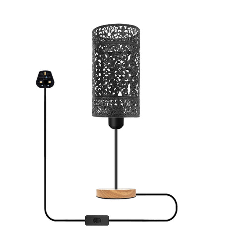 Antieke messing tafellamp met houten voet + aan/uit-schakelaar ~5352