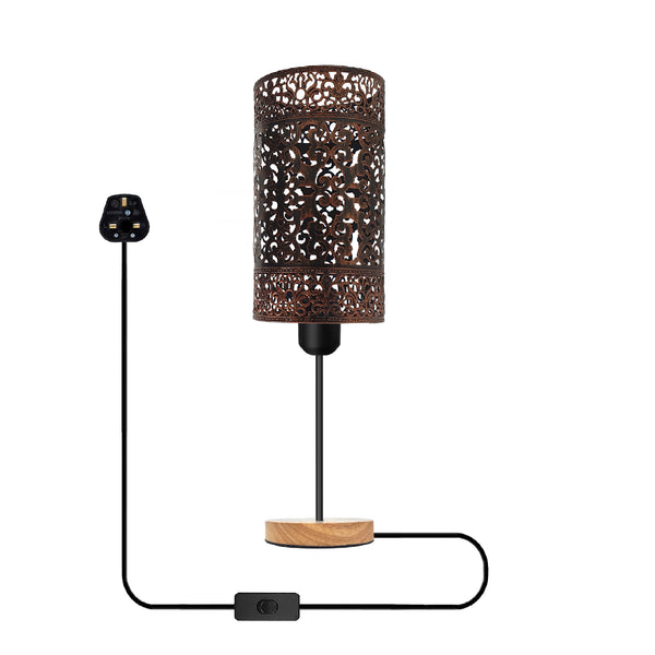 Antieke messing tafellamp met houten voet + aan/uit-schakelaar ~5352 – Geborsteld koper / Nee