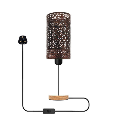 Antieke messing tafellamp met houten voet + aan/uit-schakelaar ~5352