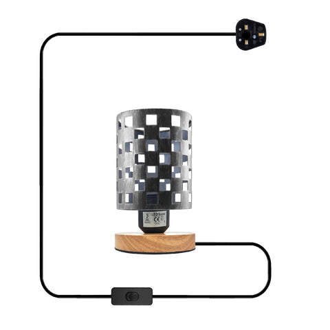 Klein nachtkastje lampje antiek messing + houten standaard ~5353