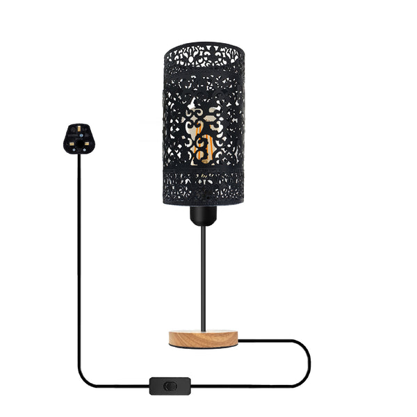 Antieke messing tafellamp met houten voet + aan/uit-schakelaar ~5352 – Zwart / Ja