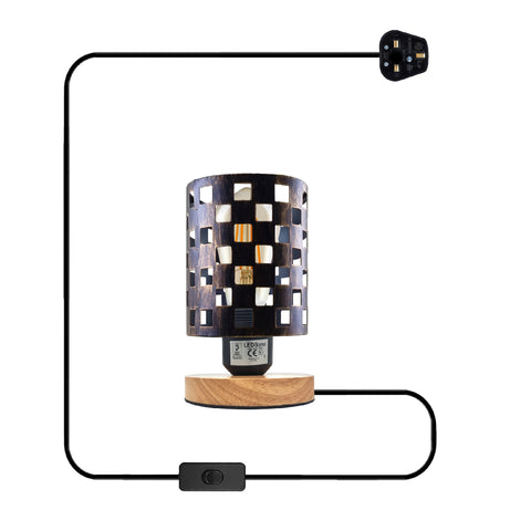 Klein nachtkastje lampje antiek messing + houten standaard ~5353