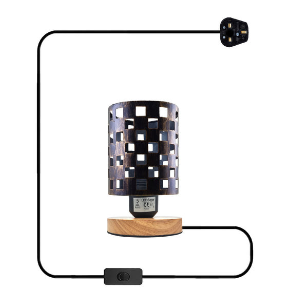 Klein nachtkastje lampje antiek messing + houten standaard ~5353 – Geborsteld koper / Nee
