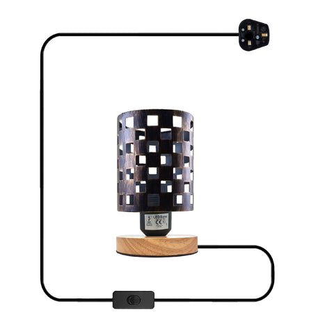 Klein nachtkastje lampje antiek messing + houten standaard ~5353