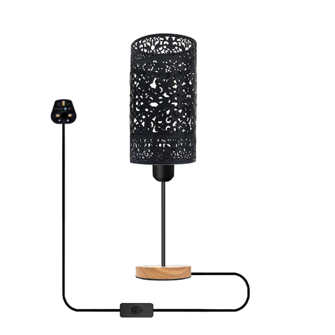 Antieke messing tafellamp met houten voet + aan/uit-schakelaar ~5352