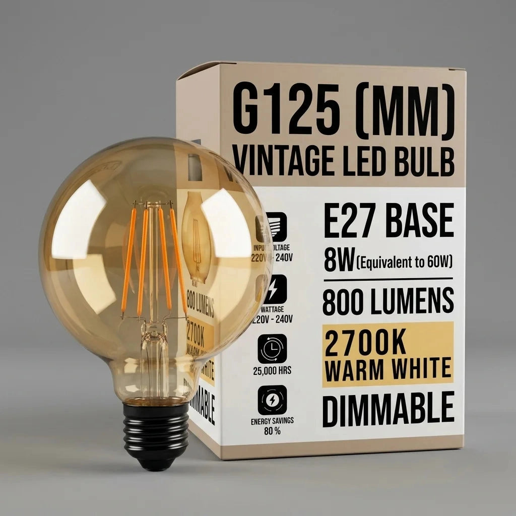 A vintage-style LED light bulb with a large warm amber glass globe and black screw base, shown in front of its product box on a neutral gray background. The box reads 'G125 (MM) VINTAGE LED BULB' with additional specs including E27 base, 8W equivalent, 800 lumens, 2700K warm white, and dimmable.